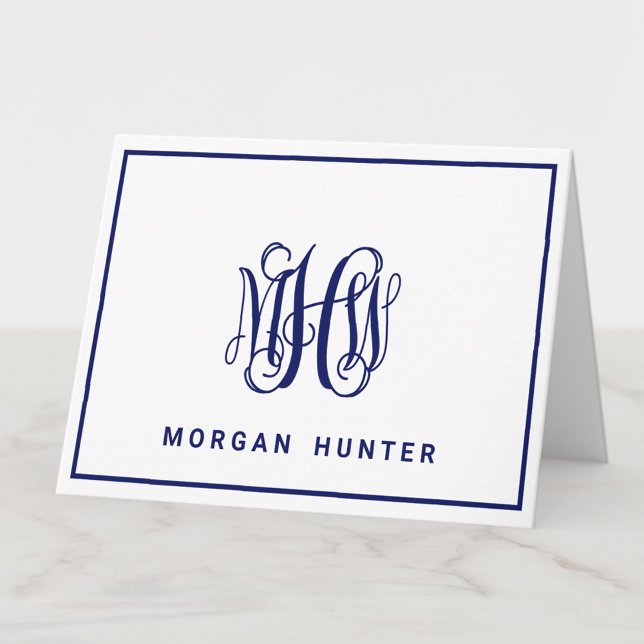 Navy 3 Initial Vine Script Monogram DIY BG Note Card (Creator Uploaded)