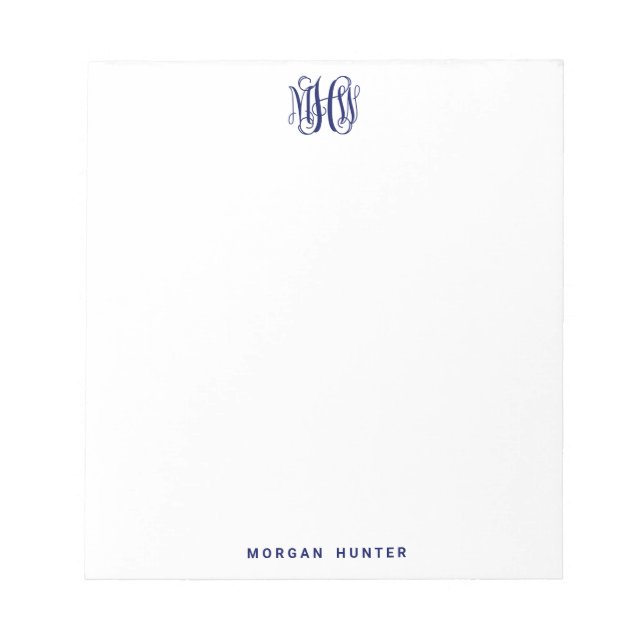 Navy 3 Initial Vine Script Monogram DIY BG Notepad (Front)