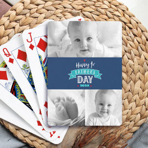 Navy 3 Photo Happy 1st Father’s Day Modern Cool Poker Cards