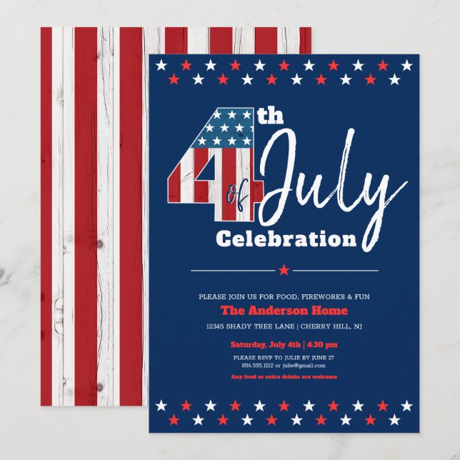 Navy 4th of July USA Flag Stars Bold Modern Rustic Invitation (Front/Back)