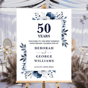 Navy 50th Wedding Anniversary Floral Welcome Sign