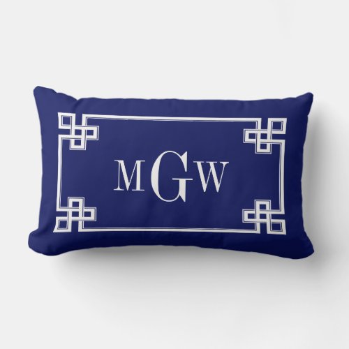 Navy 5c Blue Wht Greek Key 3 Framed Monogram Lumbar Pillow