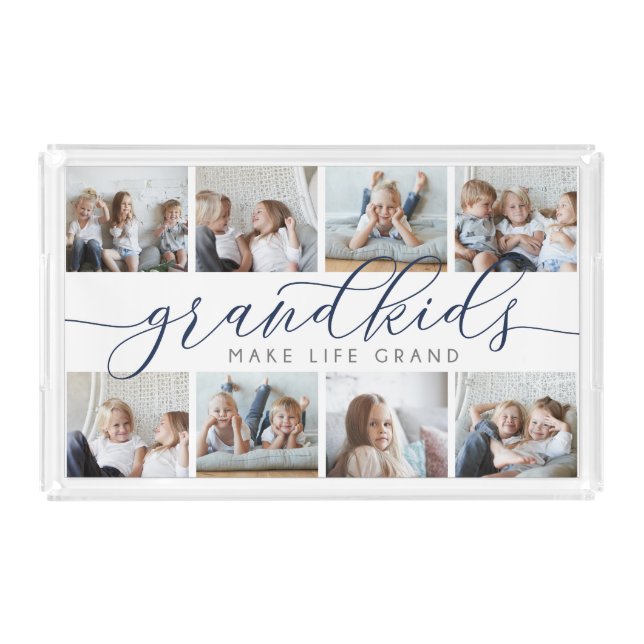Navy | 8 Photo Grandkids Make Life Grand Acrylic Tray (Front)