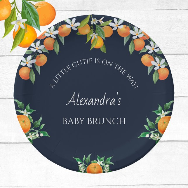 Navy A Little Cutie Orange Citrus Baby Brunch  Paper Plates (Creator Uploaded)