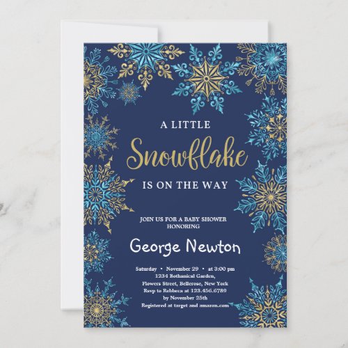 Navy a little snowflake is on the way baby shower invitation