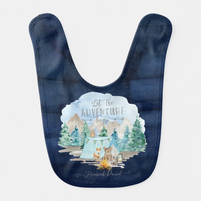 Navy Adventure Begin Deer Bear Baby Birth Stats Baby Bib (Front)