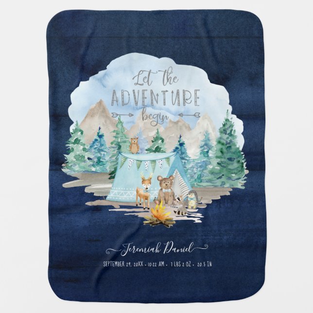Navy Adventure Begin Rustic Baby Boy Birth Stats Baby Blanket (Front)