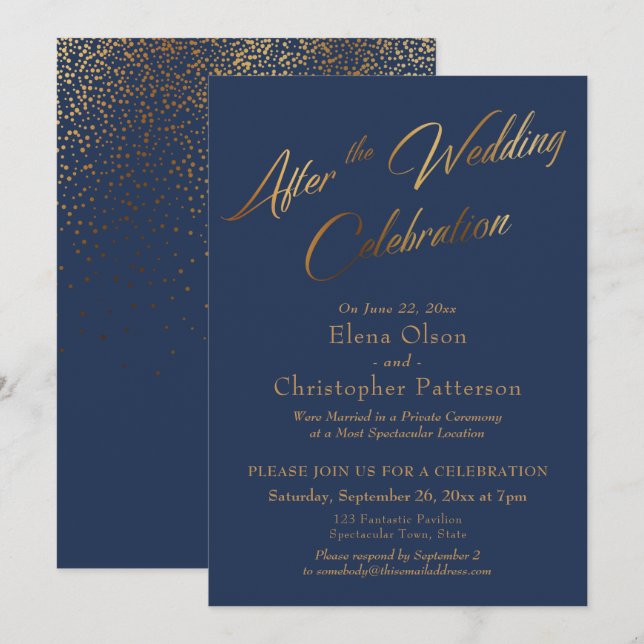 Navy After the Wedding Celebration, Gold Confetti Invitation (Front/Back)