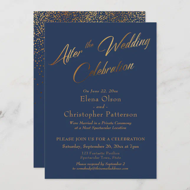 Navy After the Wedding Celebration, Gold Confetti Invitation | Zazzle