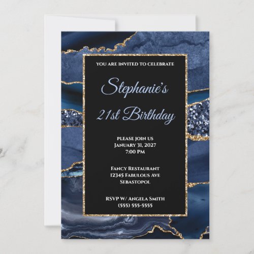 Navy Agate Gold Glitter Glam 21st Birthday Invitation