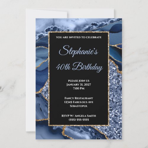 Navy Agate Gold Glitter Glam 40th Birthday Invitation