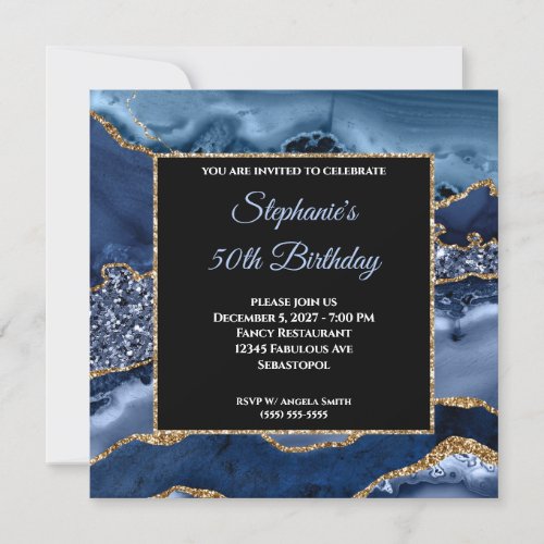 Navy Agate Gold Glitter Glam 50th Birthday Invitation