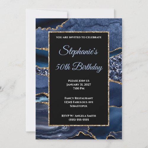 Navy Agate Gold Glitter Glam 50th Birthday Invitation