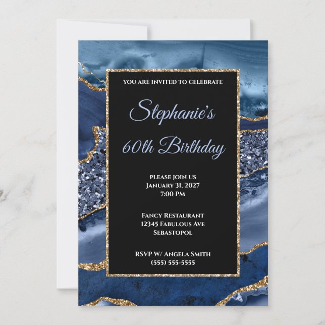 Navy Agate Gold Glitter Glam 60th Birthday Invitation (Front)