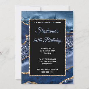 Navy Agate Gold Glitter Glam 60th Birthday Invitation