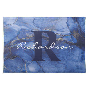 Navy Agate Monogram and Name Marble Luxury Cloth Placemat