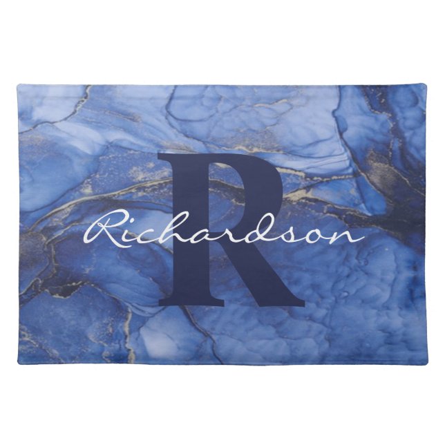 Navy Agate Monogram and Name Marble Luxury  Cloth Placemat (Front)
