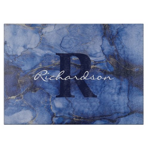 Navy Agate Monogram and Name Marble Luxury  Cutting Board