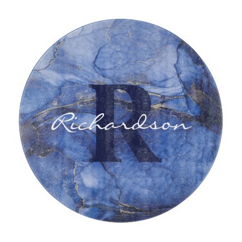 Navy Agate Monogram and Name Marble Luxury  Cutting Board