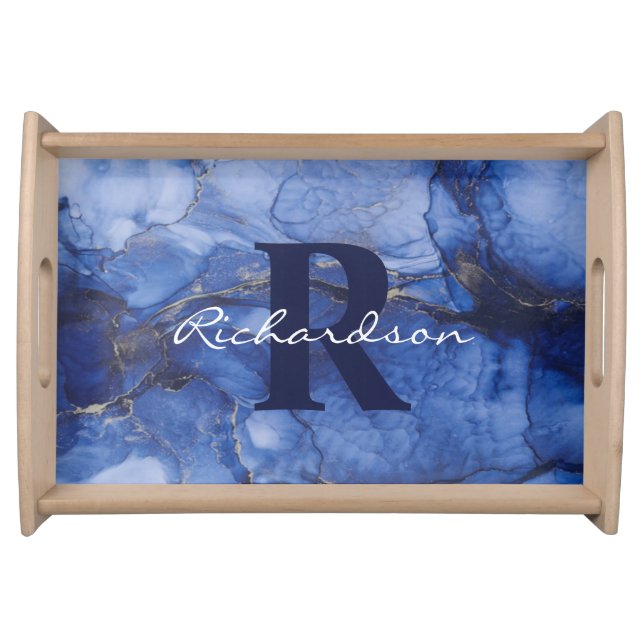 Navy Agate Monogram and Name Marble Luxury  Serving Tray (Front)