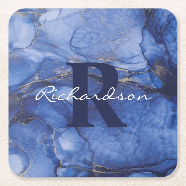Navy Agate Monogram and Name Marble Luxury  Square Paper Coaster (Front)