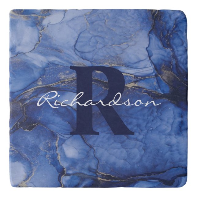 Navy Agate Monogram and Name Marble Luxury  Trivet (Front)