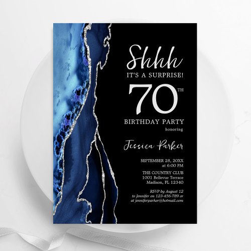 Navy Agate Silver Black Surprise 70th Birthday Invitation