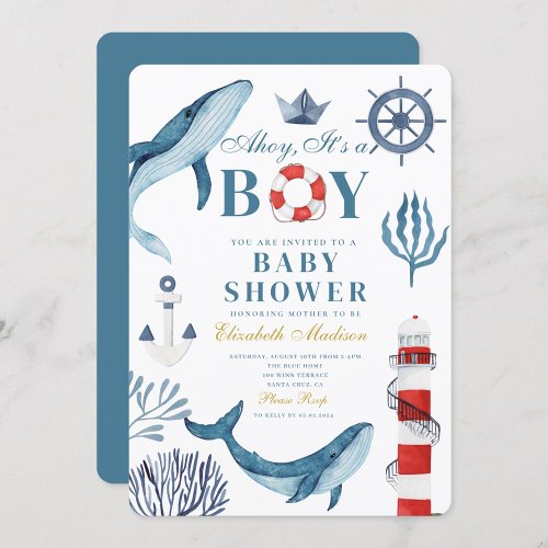 Navy Ahoy Its a boy Sailor Whale Sea Baby Shower  Invitation