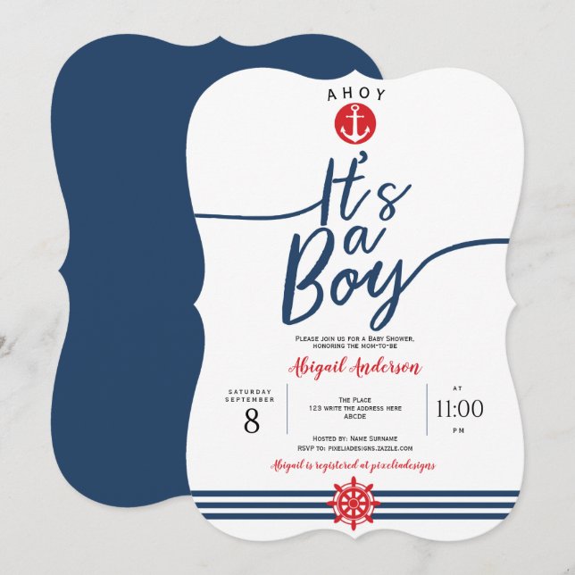 Navy, Ahoy its a boy, Modern, Stripes, Baby Boy Invitation (Front/Back)