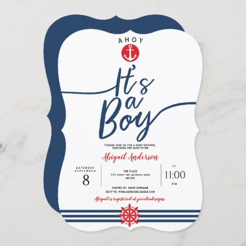 Navy Ahoy its a boy Modern Stripes Baby Boy Invitation