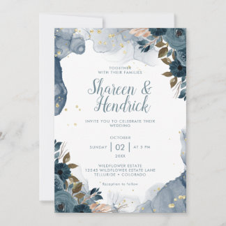 Navy Alcohol Ink Floral Background wedding Invitation