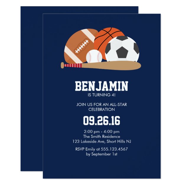 Navy All Star Sports Themed Birthday Party Invitation