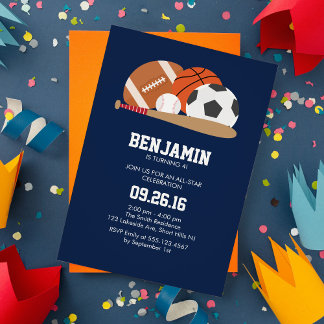 Navy All Star Sports Themed Birthday Party Invitation