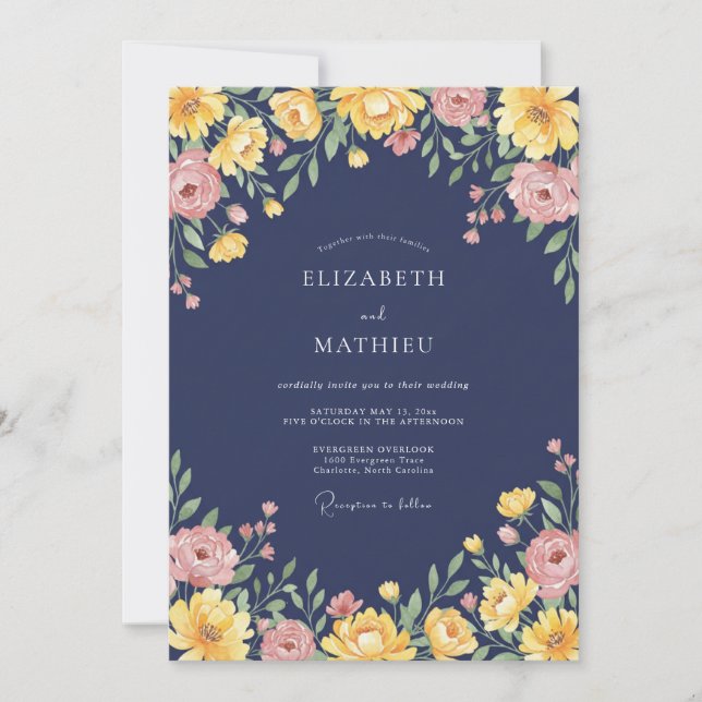 Navy Amber Floral Romantic Wedding Invitation (Front)