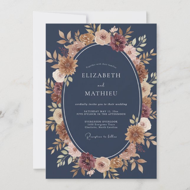 Navy Amethyst Floral Embrace Wedding Invitation (Front)
