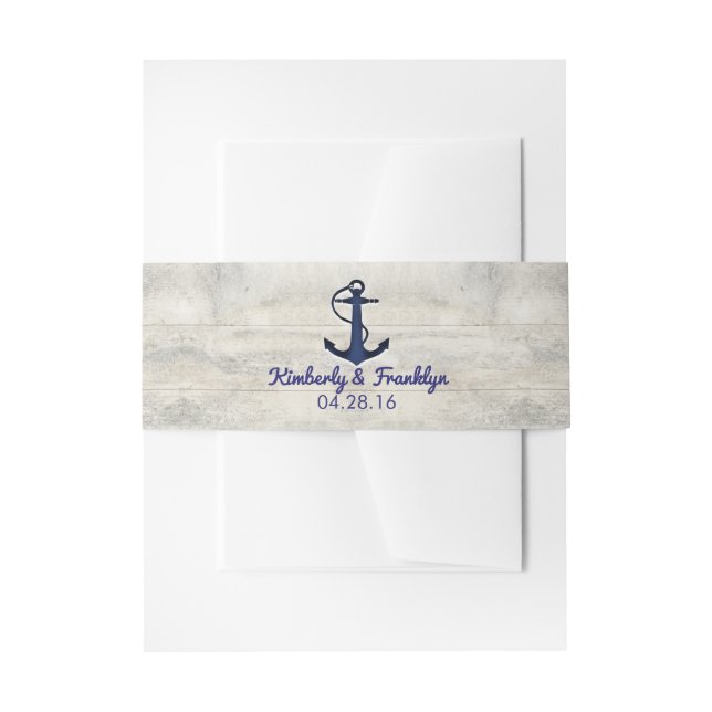 Navy Anchor and Driftwood Beach Wedding Invitation Belly Band (Front Example)