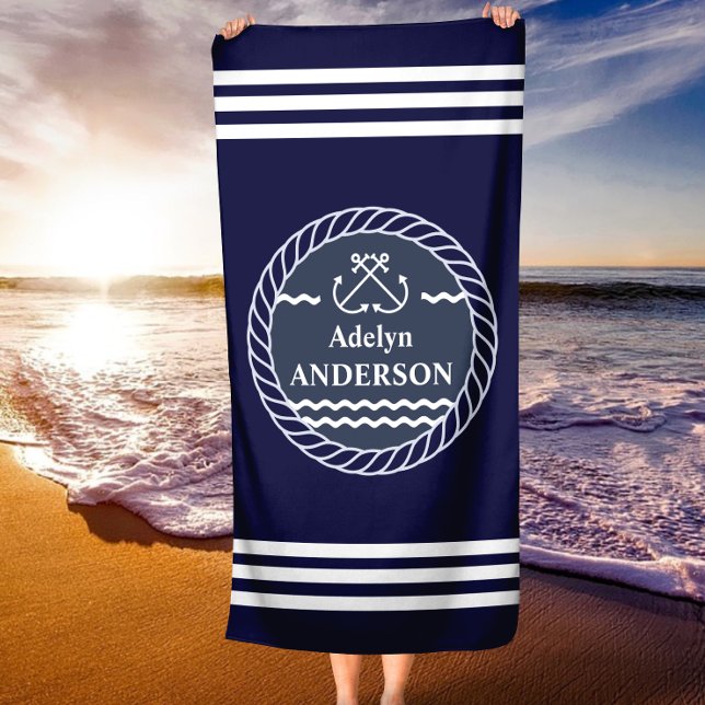 Navy Anchor and Rope Personalized Beach Towel (Navy Anchor and Rope Personalized Beach Towel)
