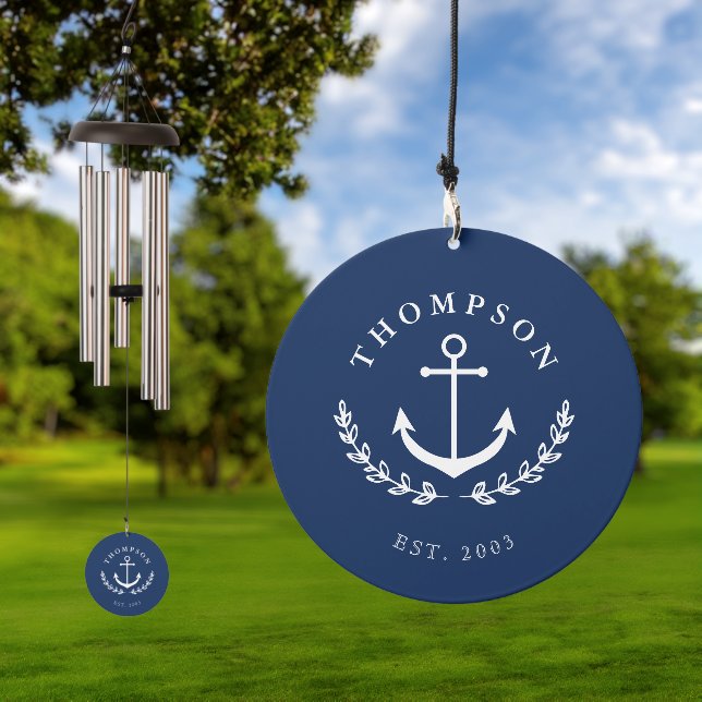 Navy Anchor Family Monogram Year Est Wind Chime (Outdoor)