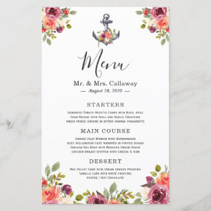 Navy Anchor Floral Wedding Menu Flyer