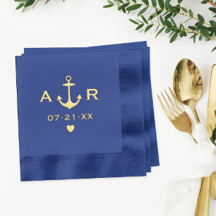 Navy Anchor Heart Monogram Wedding Foil Napkins