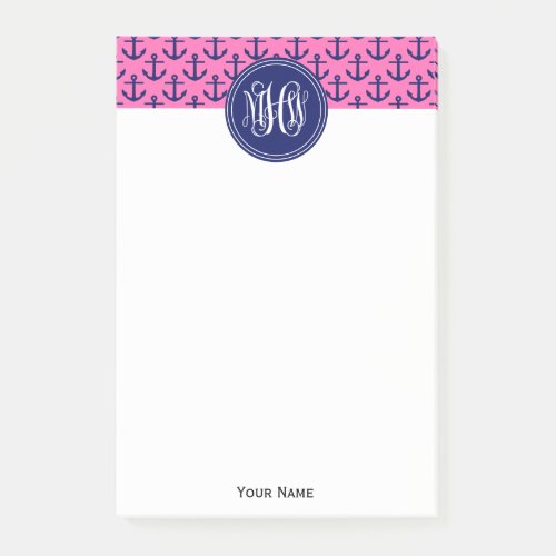 Navy Anchor Hot Pink White Vine Monogram DIY BG Post_it Notes