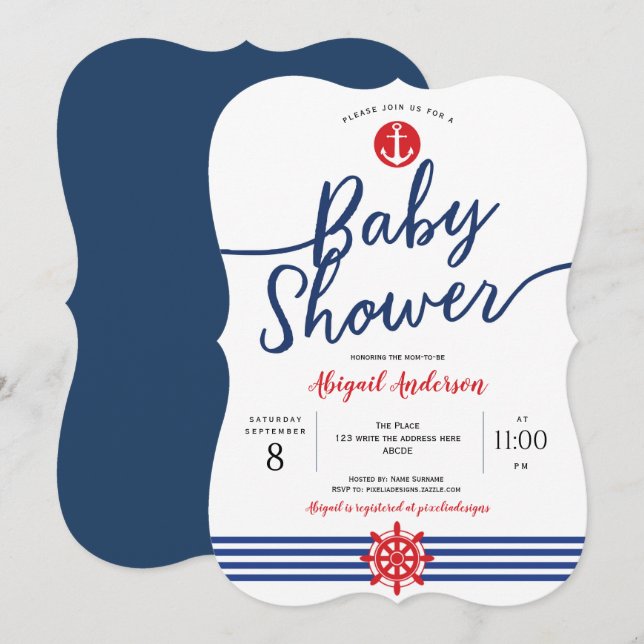 Navy, Anchor, Modern, Nautical Theme, Baby Shower Invitation (Front/Back)