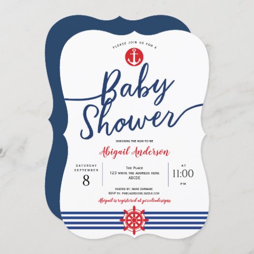 Navy Anchor Modern Nautical Theme Baby Shower Invitation