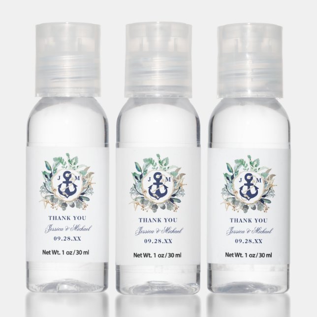 Navy Anchor Monogram Greenery Wreath Beach Wedding Hand Sanitizer (Set)