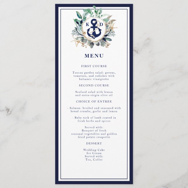Navy Anchor Monogram Nautical Green Wreath Wedding Menu (Front)