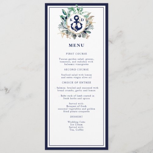 Navy Anchor Monogram Nautical Green Wreath Wedding Menu