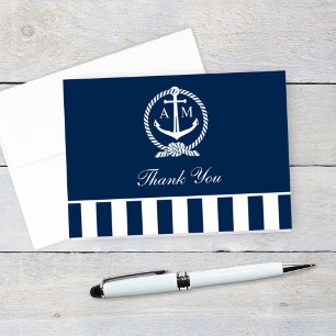 Navy Anchor Monogram Nautical Stripe Wedding Thank You Card