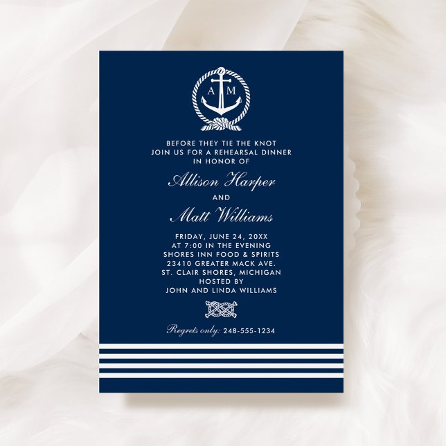 Navy Anchor Monogram Tie the Knot Rehearsal Invitation (Creator Uploaded)