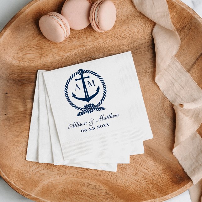 Navy Anchor Monogram White Wedding Paper Napkins (Creator Uploaded)