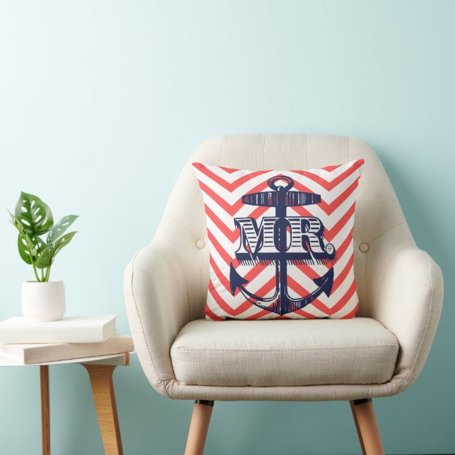 Navy Anchor Mr Groom Zig Zag Pattern Bride Pillo Throw Pillow (Chair)